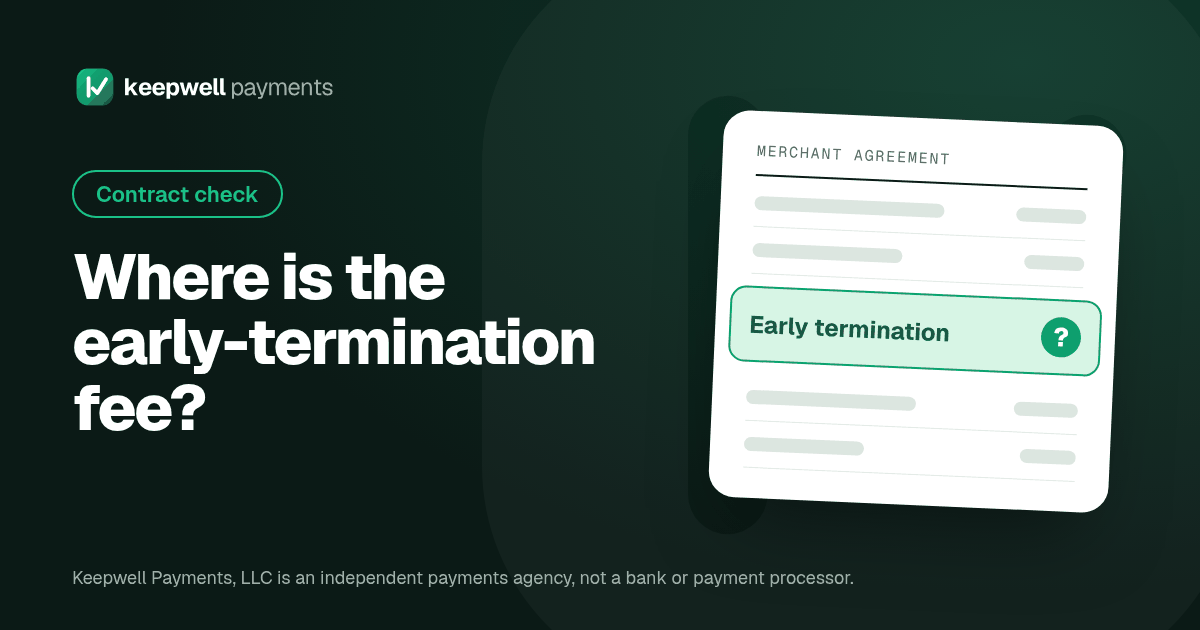 Keepwell Payments graphic with the headline "Where is the early-termination fee?" next to a sample merchant agreement with the line "Early termination" highlighted.